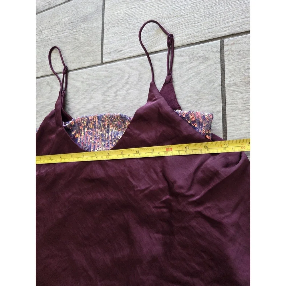 Free People Turn It On Cami S Burgundy Sequin Embellished Inset Layered Club NEW